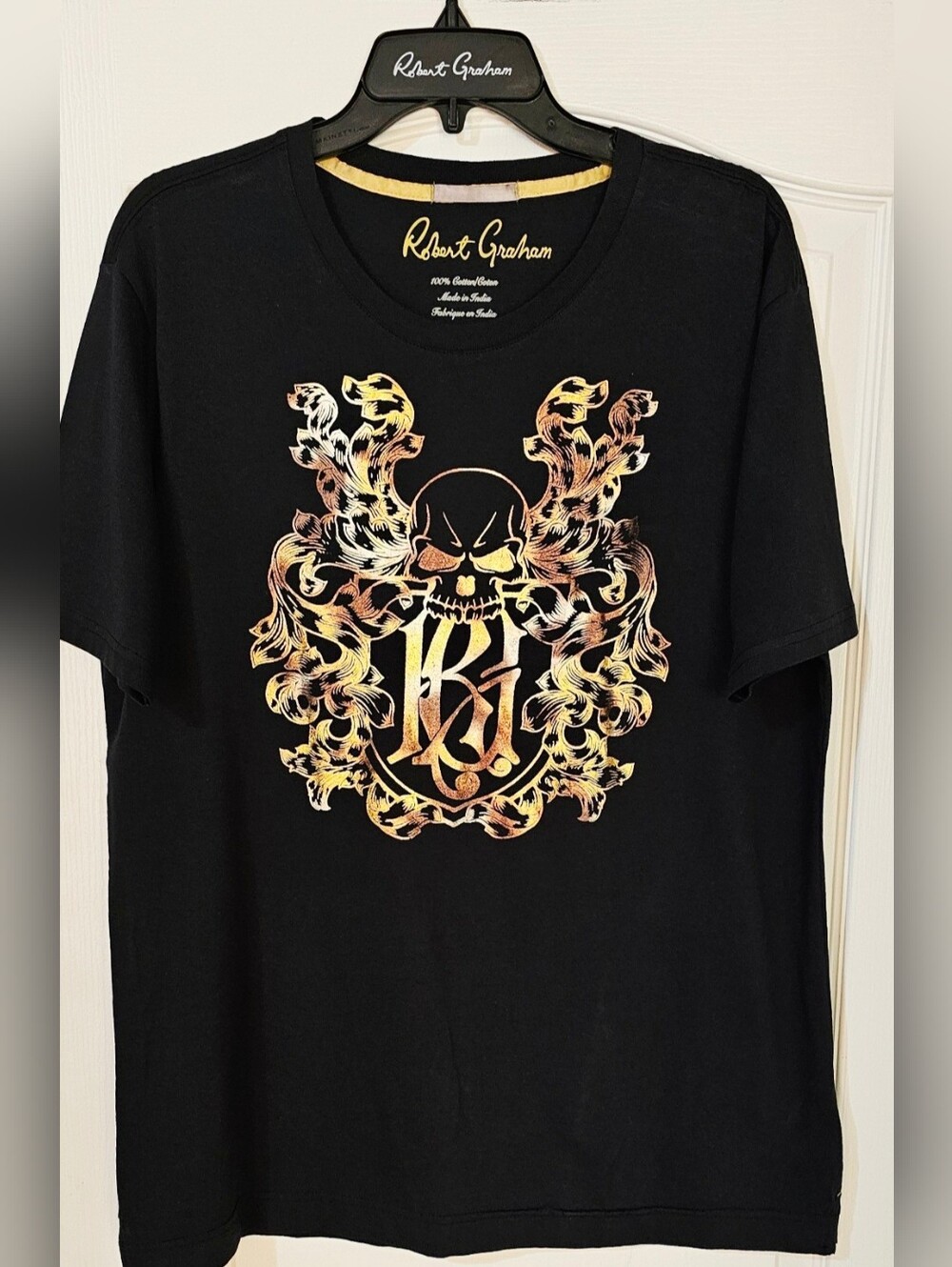 Robert Graham Black Tee with Gold-Copper Skull Crest Graphic